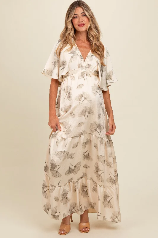 Cream Floral Deep V-Neck Maternity Maxi Dress Bodycon maxi dresses