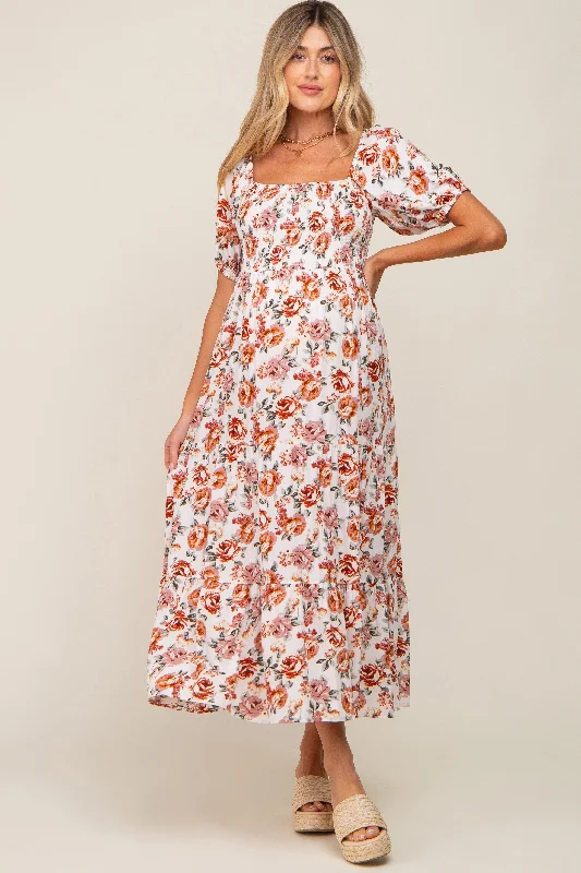 Cream Floral Smocked Square Neck Tiered Maternity Maxi Dress Best maxi dresses for date night