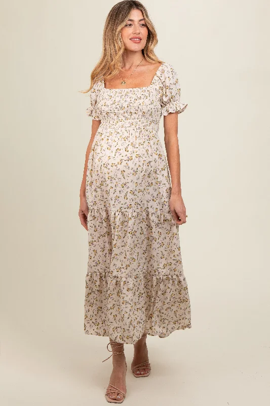 Cream Floral Smocked Square Neck Tiered Puff Short Sleeve Maternity Maxi Dress Women's maxi dresses