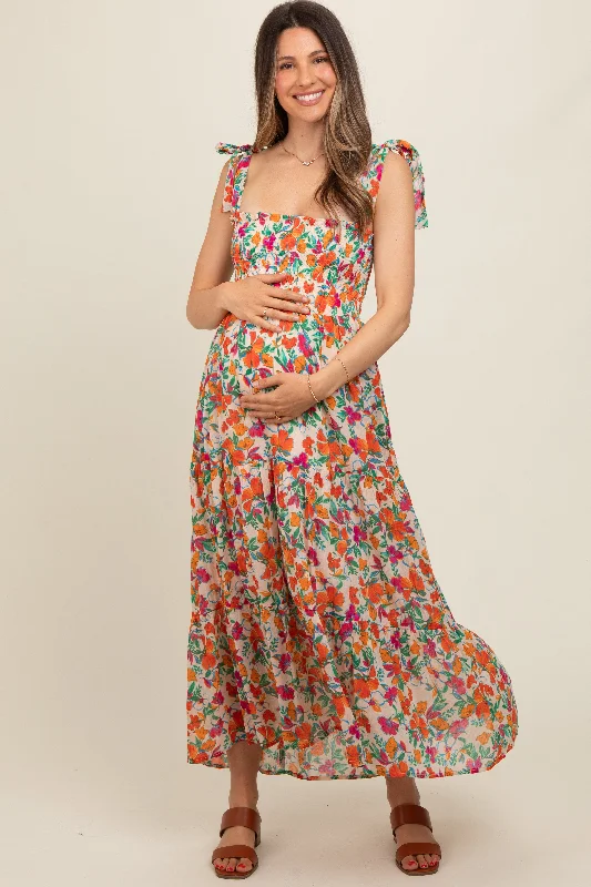 Cream Multi-Color Floral Smocked Sleeveless Maternity Maxi Dress Anniversary maxi dresses