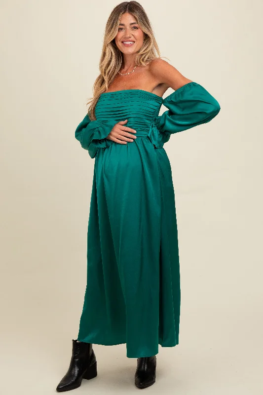 Emerald Green Off Shoulder Satin Pleated Bodice Maternity Maxi Dress Affordable maxi dresses