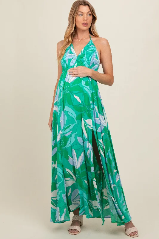 Green Floral Smocked Halter Open Back Maternity Maxi Dress Fashion Nova maxi dresses