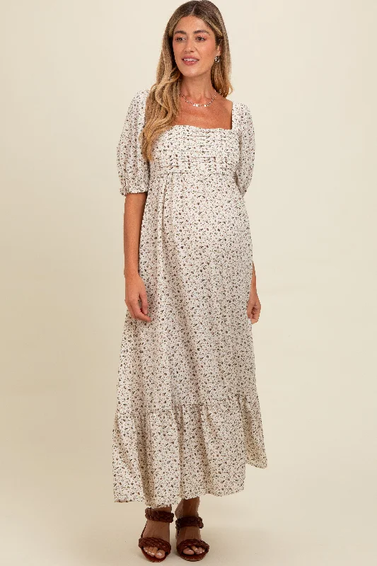 Ivory Floral Pleated Bodice Maternity Maxi Dress Lace maxi dresses