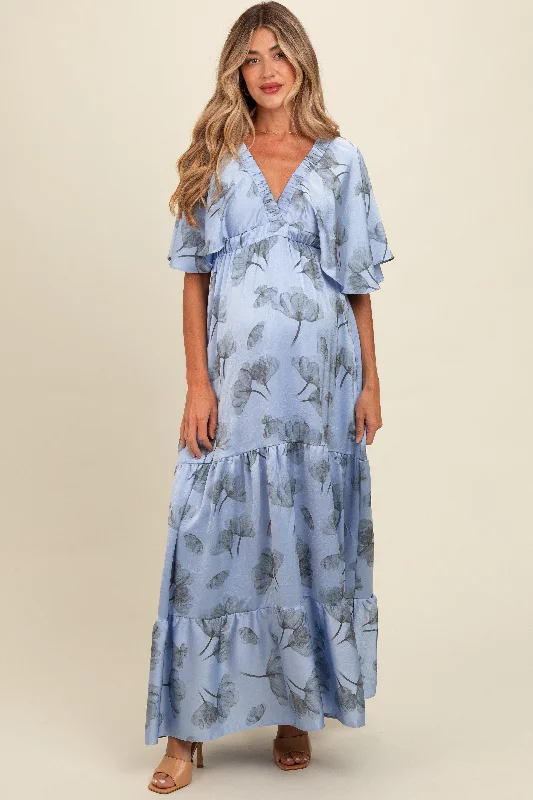 Light Blue Floral Deep V-Neck Maternity Maxi Dress Graduation maxi dresses