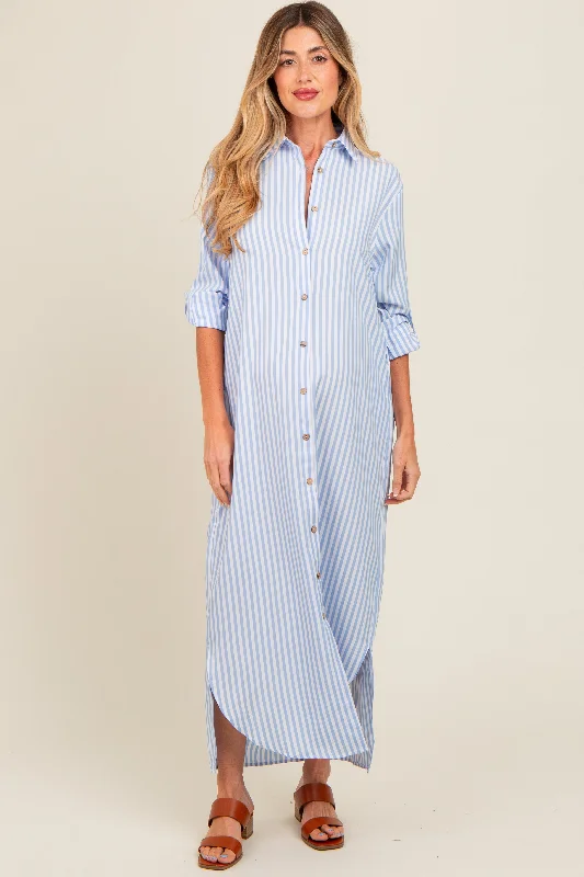 Light Blue Striped Button Down Maternity Maxi Dress Elegant maxi dresses