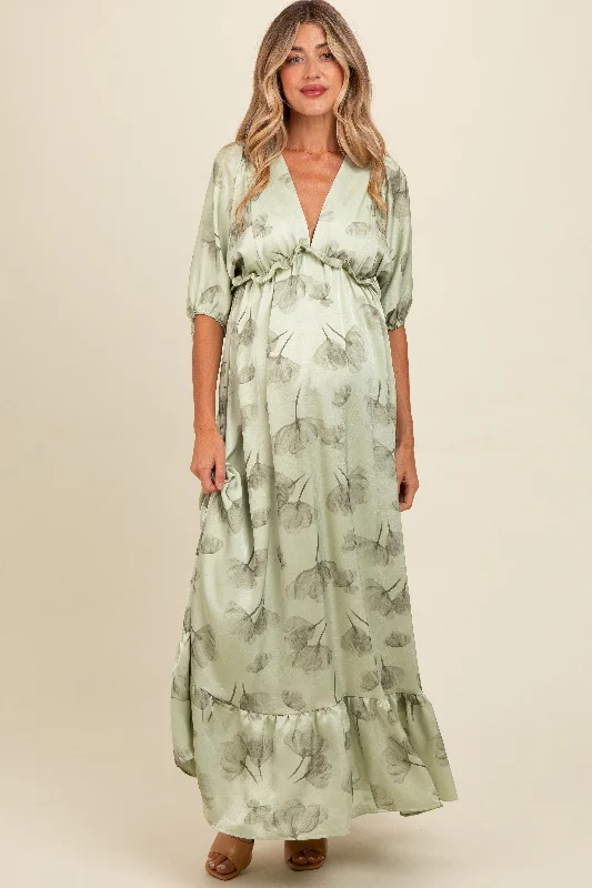 Light Olive Floral Chiffon Ruffle Accent Maternity Maxi Dress Shein maxi dresses