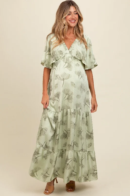 Light Olive Floral Deep V-Neck Maternity Maxi Dress Wedding guest maxi dresses