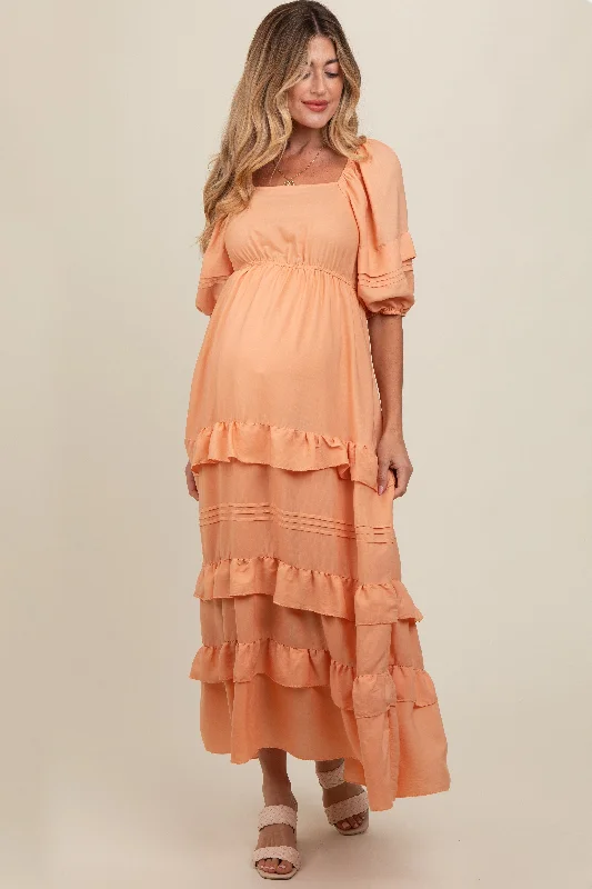 Peach Ruffle Tiered Maternity Maxi Dress Sleeveless maxi dresses