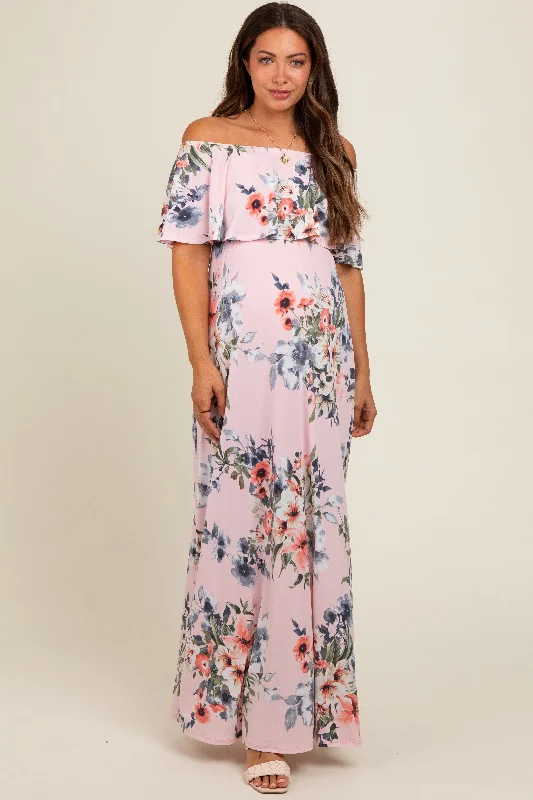 Pink Off Shoulder Floral Ruffle Maternity Maxi Dress Glamorous maxi dresses