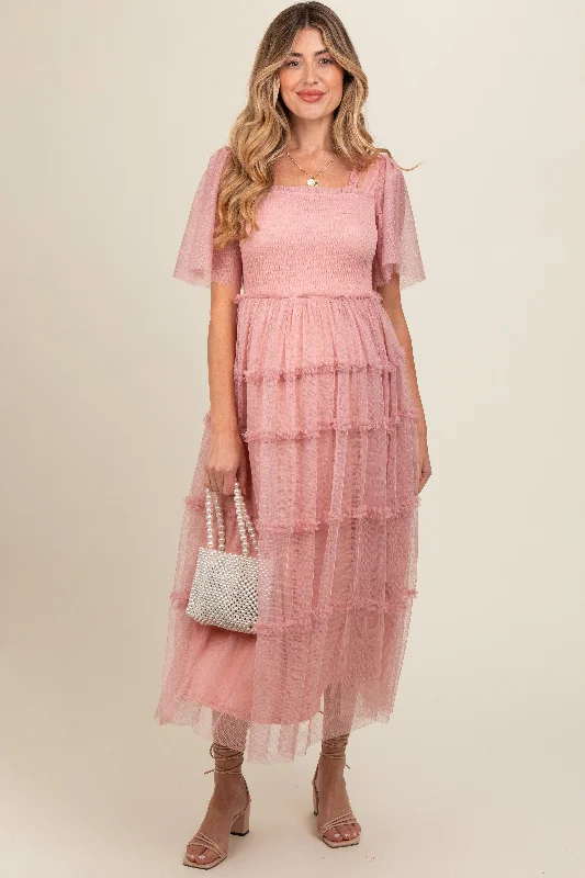 Pink Ruffled Mesh Maternity Maxi Dress Fashion Nova maxi dresses