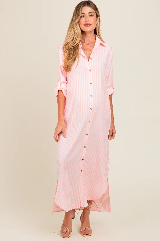 Pink Striped Button Down Maternity Maxi Dress Velvet maxi dresses