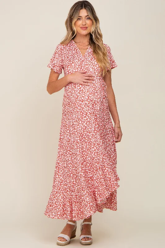 Red Floral Short Sleeve Maternity Wrap Maxi Dress Vacation maxi dresses