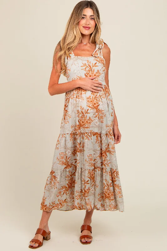 Rust Crochet Trim Floral Maternity Maxi Dress Luxury maxi dresses