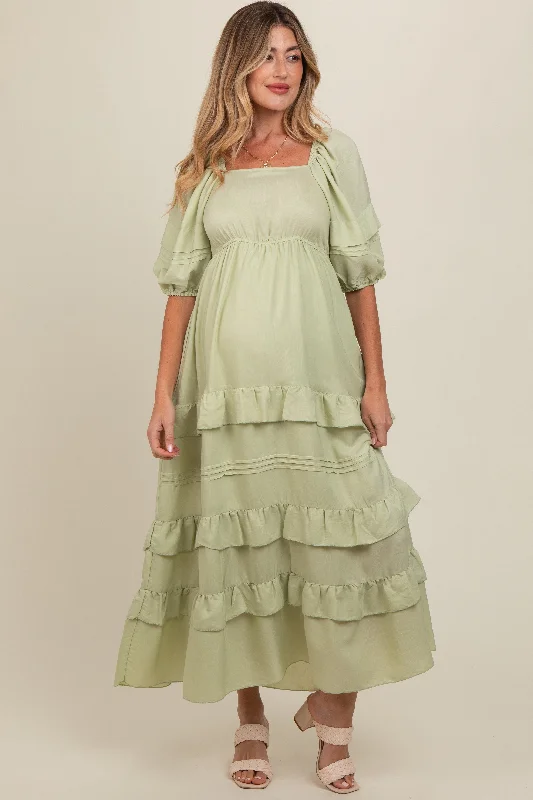 Sage Ruffle Tiered Maternity Maxi Dress Lightweight maxi dresses for hot weather