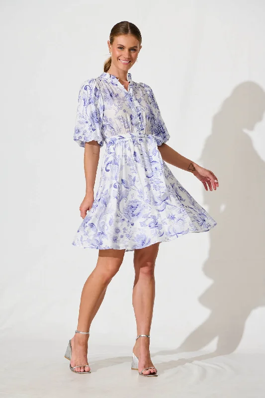 Aerida Dress in White with Blue Print Cotton Blend Anniversary floral dresses