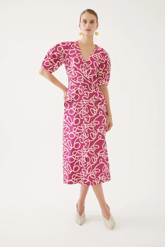 Pink Printed Button Up V-Neck Dress with Belt Plus size floral dresses