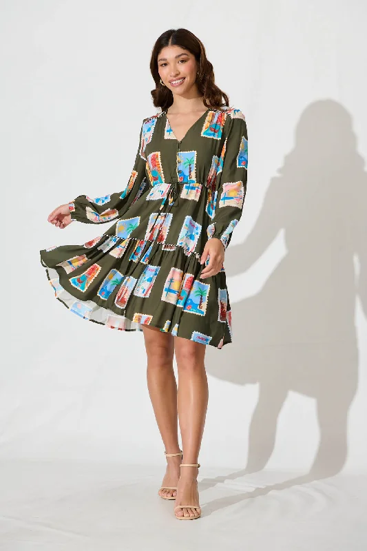 Floriane Dress In Khaki With Multi Postcard Print Lightweight floral dresses for hot weather