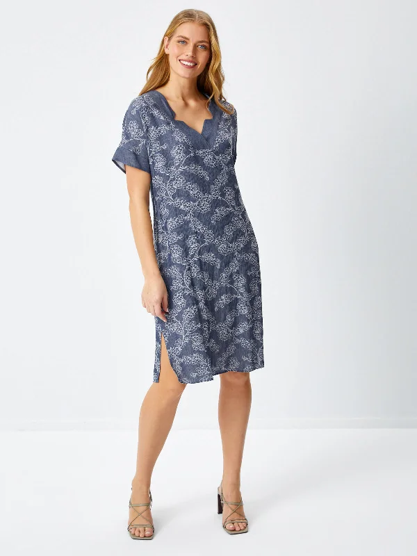 Indigo Floral Patterned V-neck Dress 68294 A-line floral dresses