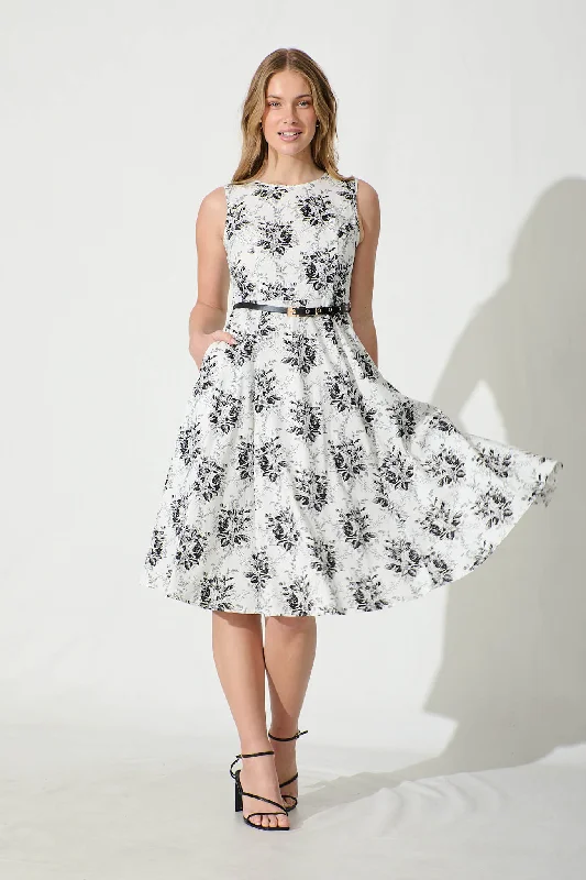 Jarmila Dress with Belt in White Black Floral Cotton Blend Beach floral dresses