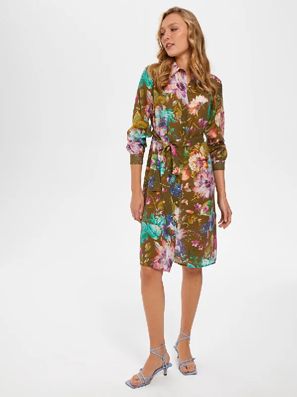 Khaki Floral Pattern Voile Shirt Dress 66267 Best floral dresses for elegant looks