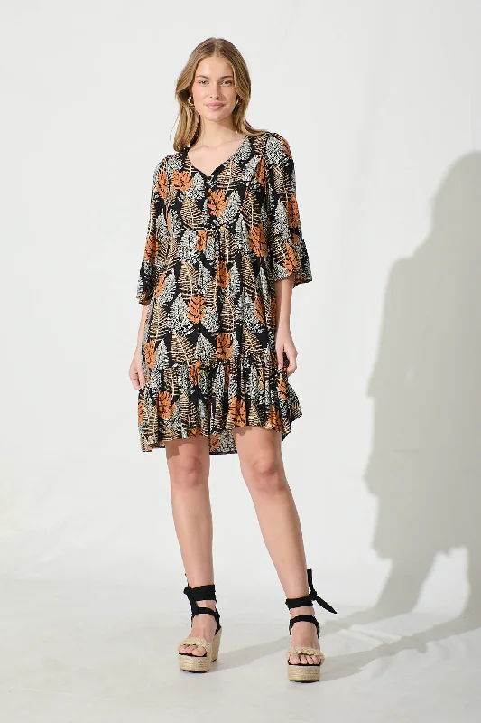 Mara Smock Dress in Black with Multi Leaf Print Floral dresses under $100