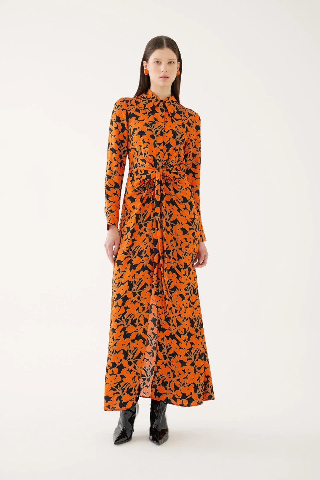 Multicolor Orange Floral Shirt Dress with Belt Retro floral dresses