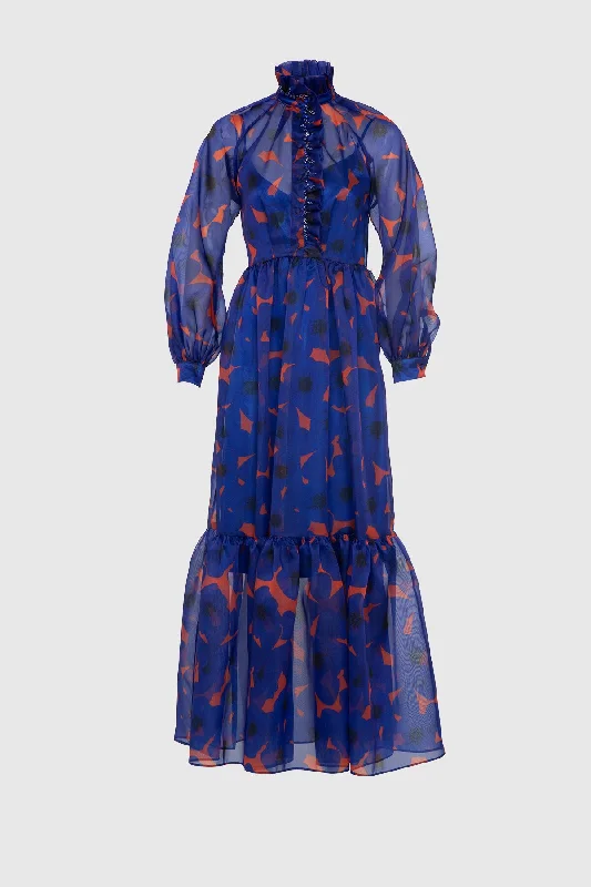 Navy Blue Patterned Long Dress with Transparent Detail Floral dresses under $50