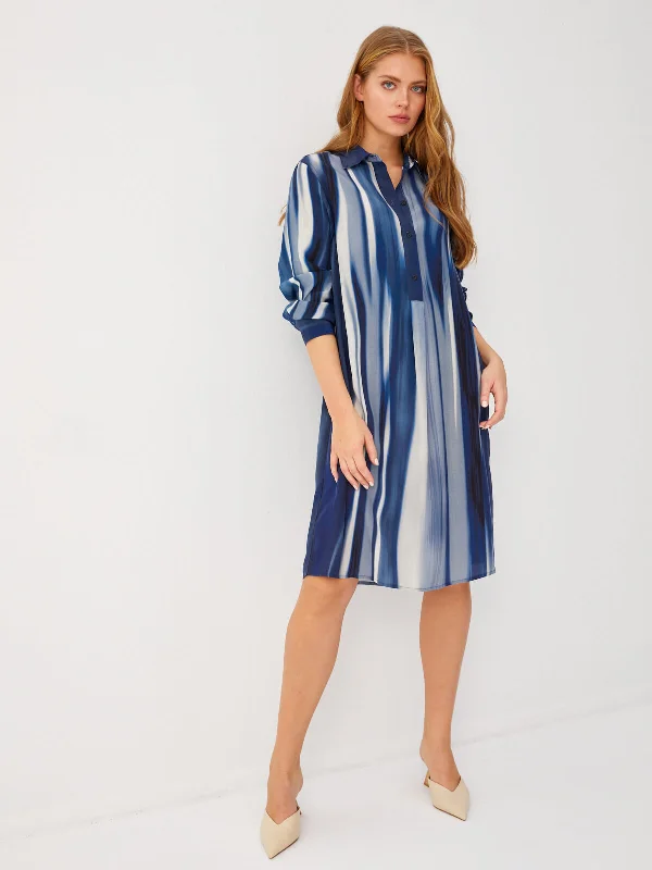 Navy Blue Tie-Dye Pattern Half Pat Long Sleeve Dress 68298 Shein floral dresses