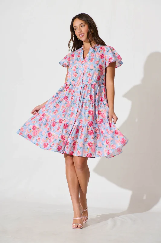 Sweet Pea Smock Dress in Pale Blue with Pink Floral Cotton Best floral dresses for elegant looks