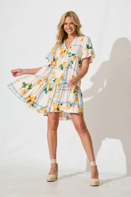 Tahnee Smock Dress in Ivory with Lemon and Blue Print Midi floral dresses