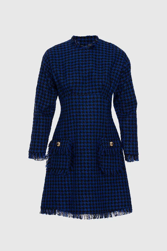 Two Pocket Tweed Navy Blue Dress with Crowbar Pattern Discounted floral dresses