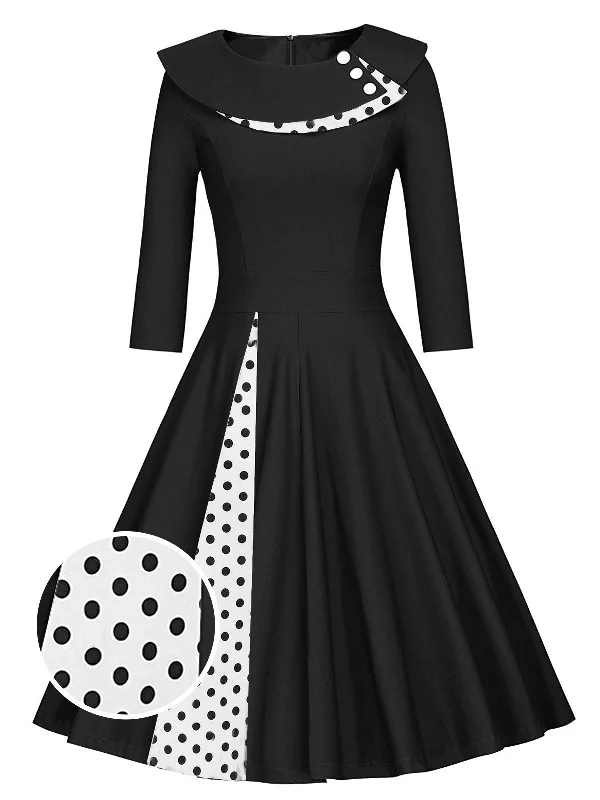 1950s 3/4 Sleeve Patchwork Swing Dress Polka dot unclassified dresses