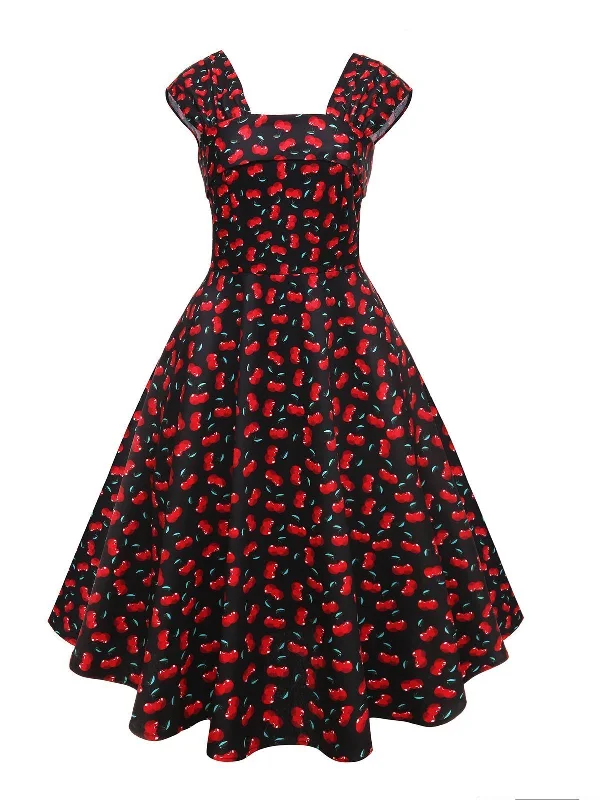 1950s Cherry Square Neck Swing Dress Wrap unclassified dresses