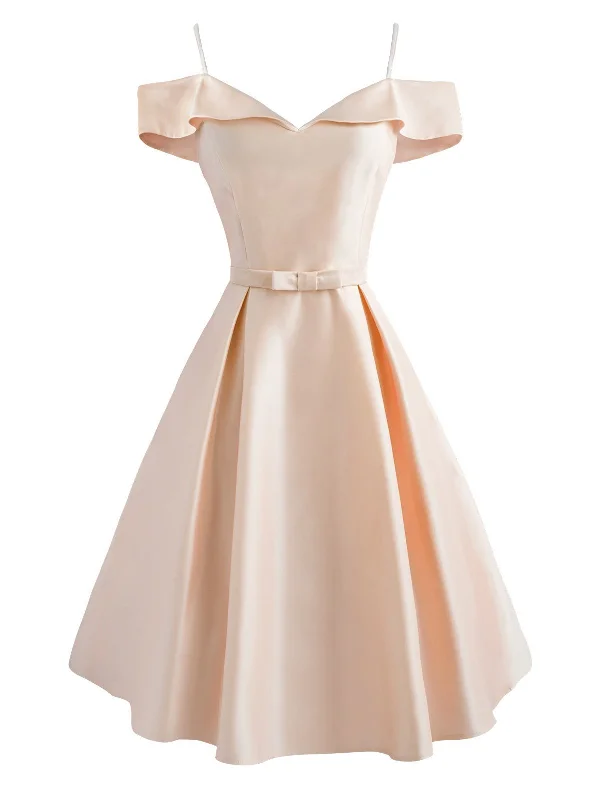 1950s Cold Shoulder Satin Bow Dress Long unclassified dresses