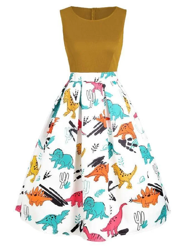 1950s Dinosaur Patchwork Swing Dress Travel unclassified dresses