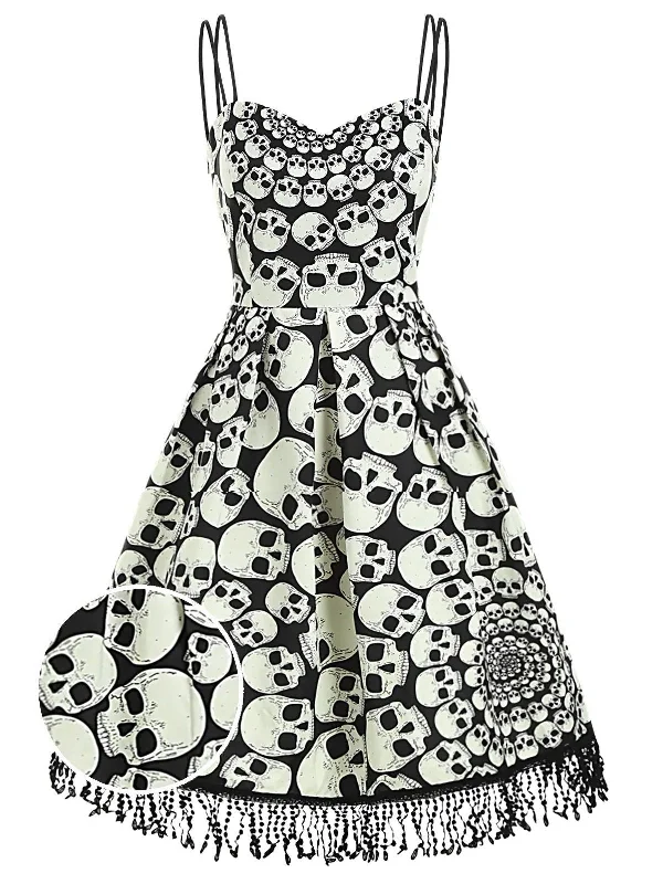 1950s Halloween Skull Fringed Cami Dress Trendy unclassified dresses