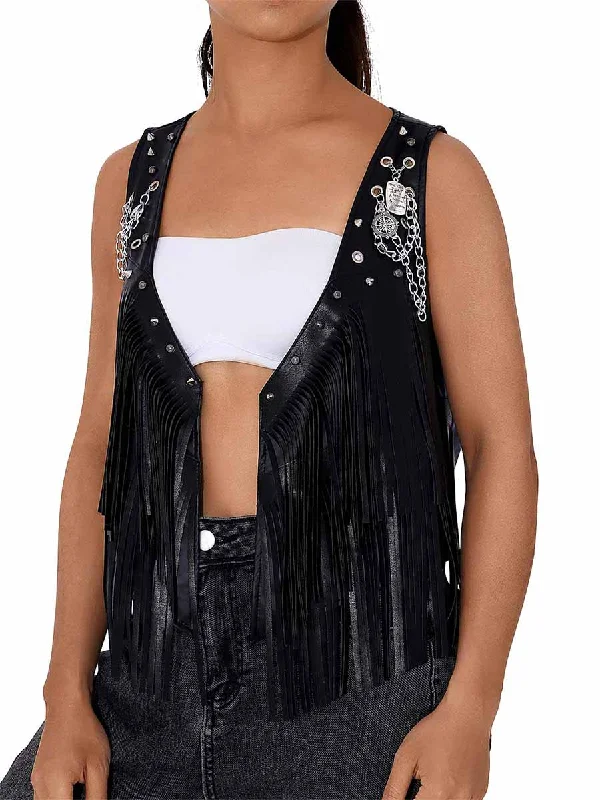 Black Leather Fringe Reflective Vest Soft fabric unclassified dresses