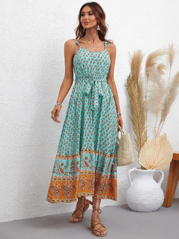 Bohemian Tie Waist Scoop Neck Dress Casual chic unclassified dresses