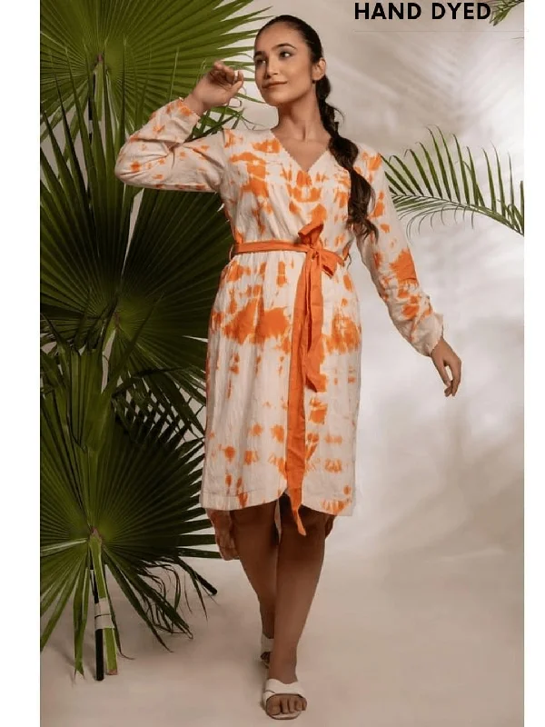 Women Orange  Wrap Tie & Dye Dress Wedding guest unclassified dresses