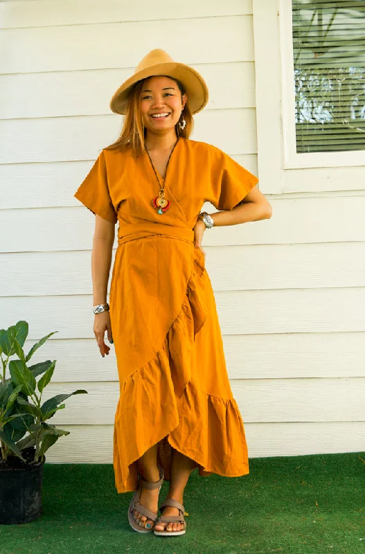 Mustard Yellow Organic Cotton Wrap Dress Lightweight unclassified dresses