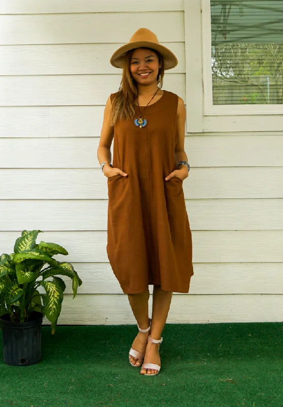 Brown Organic Cotton Wrap Dress with Pockets Metallic unclassified dresses