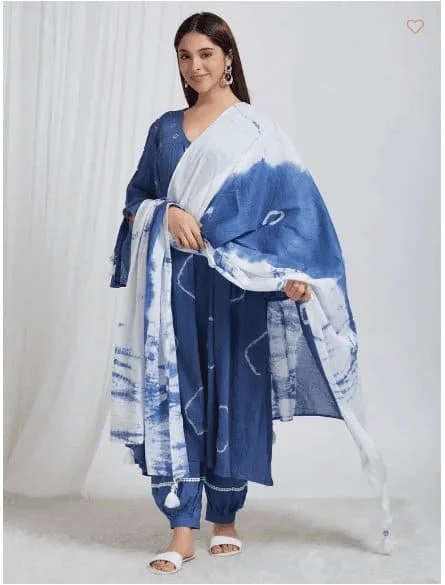 Blue Tie & Dye Crush Cotton Kurta Set Flowy unclassified dresses