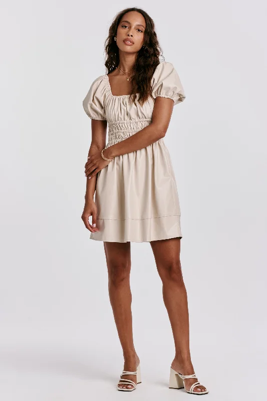 DELANEY PUFF SLEEVE DRESS BONE VEGAN LEATHER Affordable unclassified dresses