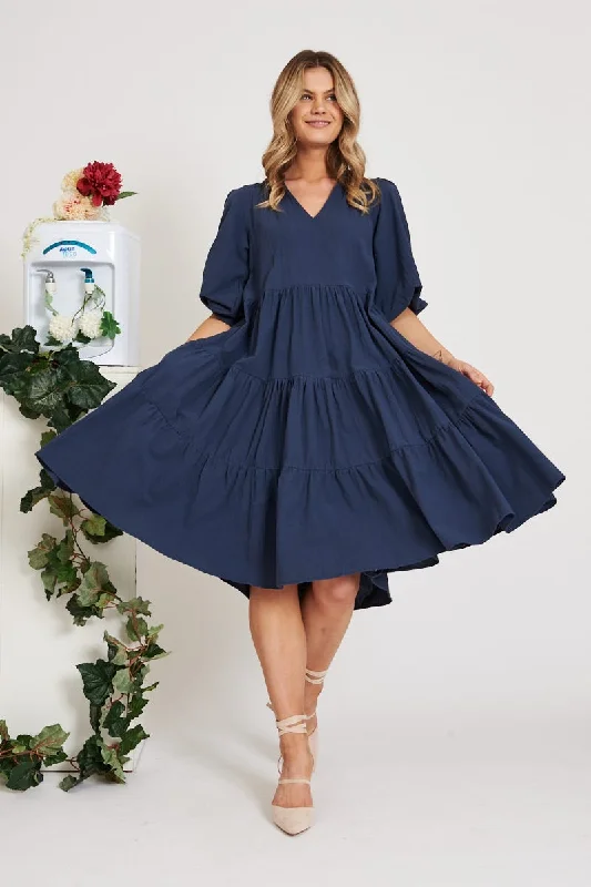 Kehlana Tiered Smock Dress In Navy Minimalist unclassified dresses