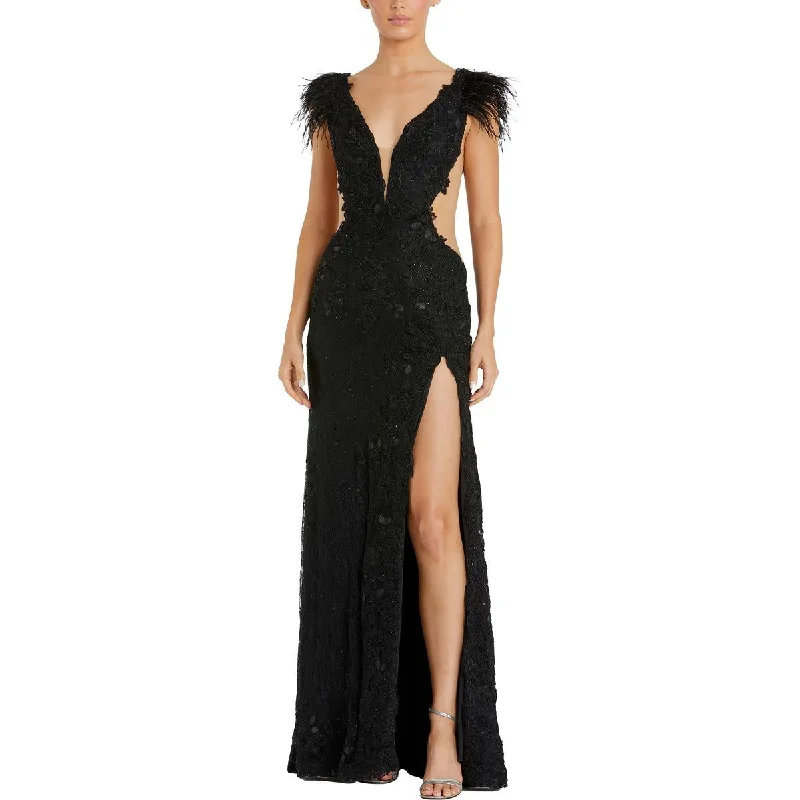 Mac Duggal Womens Feathers Illusion Evening Dress Denim unclassified dresses