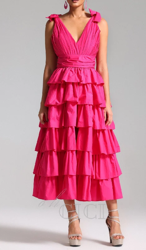 PLUNGE V RUFFLE TIERED SLIT GOWN IN PINK Embroidered unclassified dresses