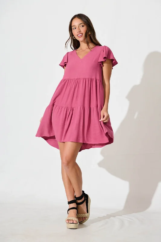 Tahiti Smock Dress In Deep Rose Linen Blend Striped unclassified dresses