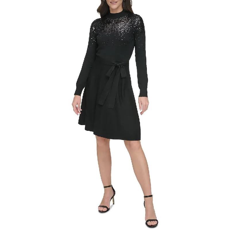 Vince Camuto Womens Embellishments Turtleneck Fit & Flare Dress Long sleeve unclassified dresses