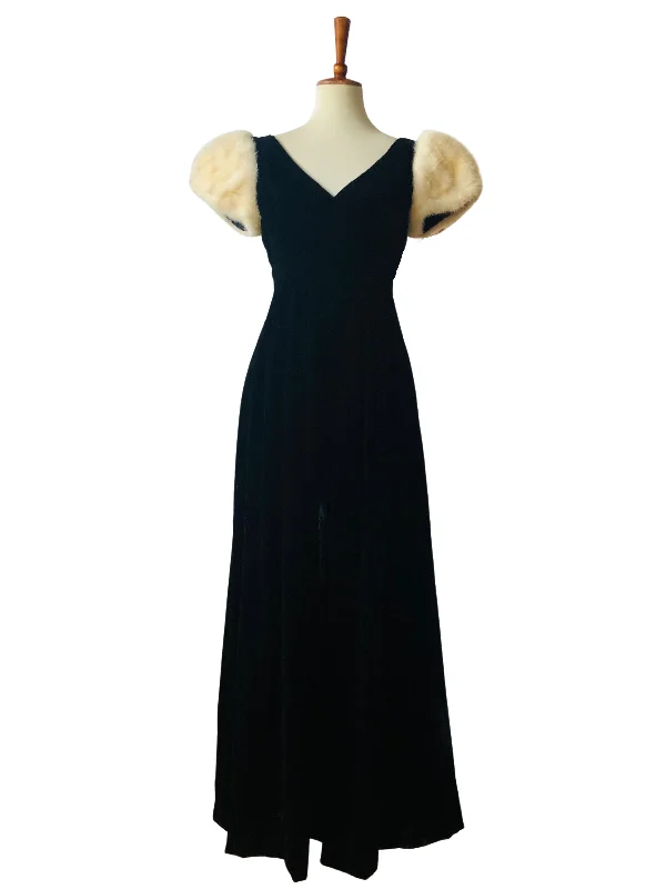 Vintage Lillie Rubin Black Velvet Gown w/Ivory Mink Sleeves Soft fabric unclassified dresses