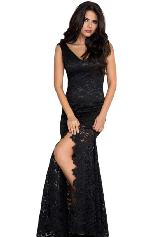 Black Lace Mermaid Sleeveless Prom Dress Tiered Lace Dress